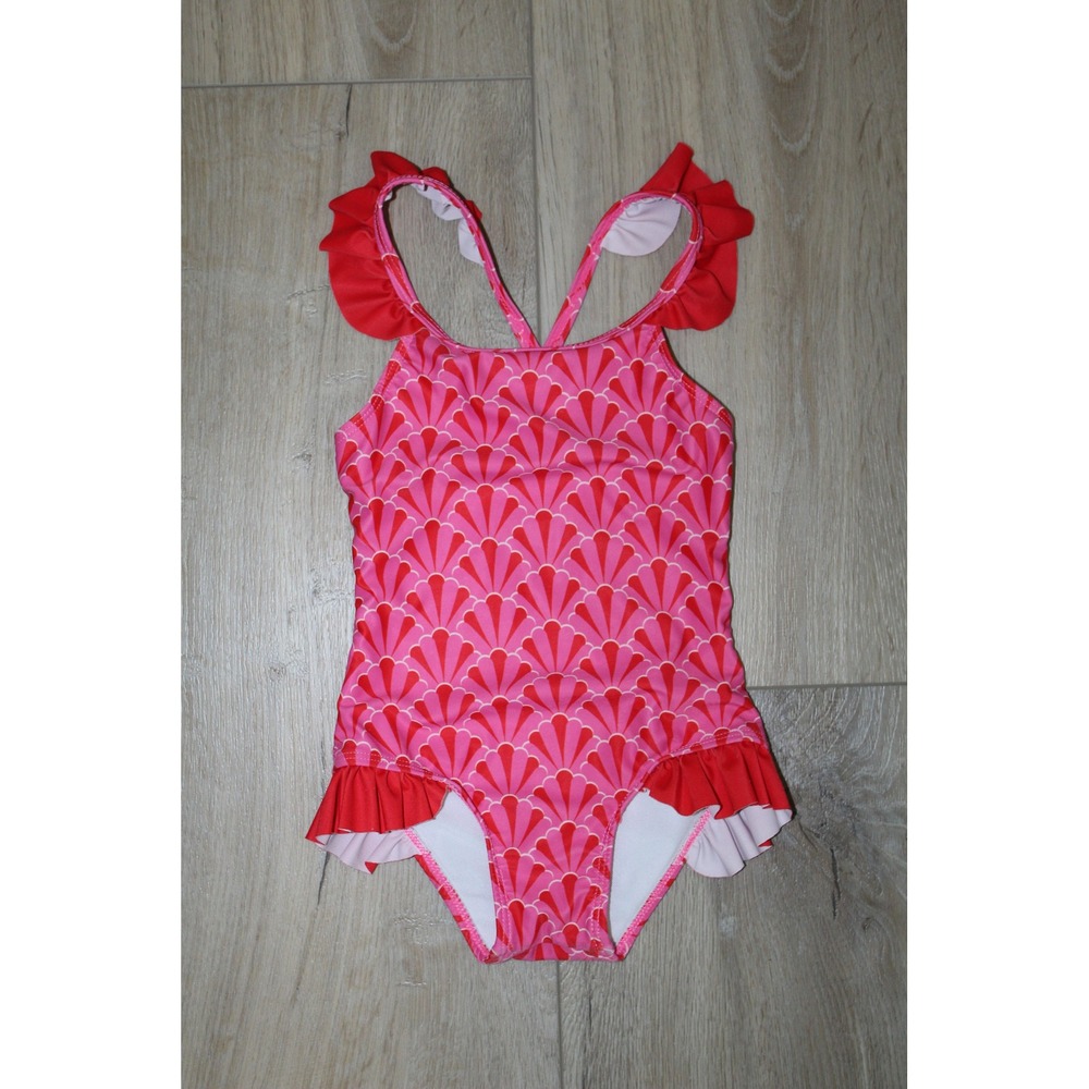 The Oaks Apparel Company Girls Pink Red Seashell Ruffle One Piece Swimsuit 4Y